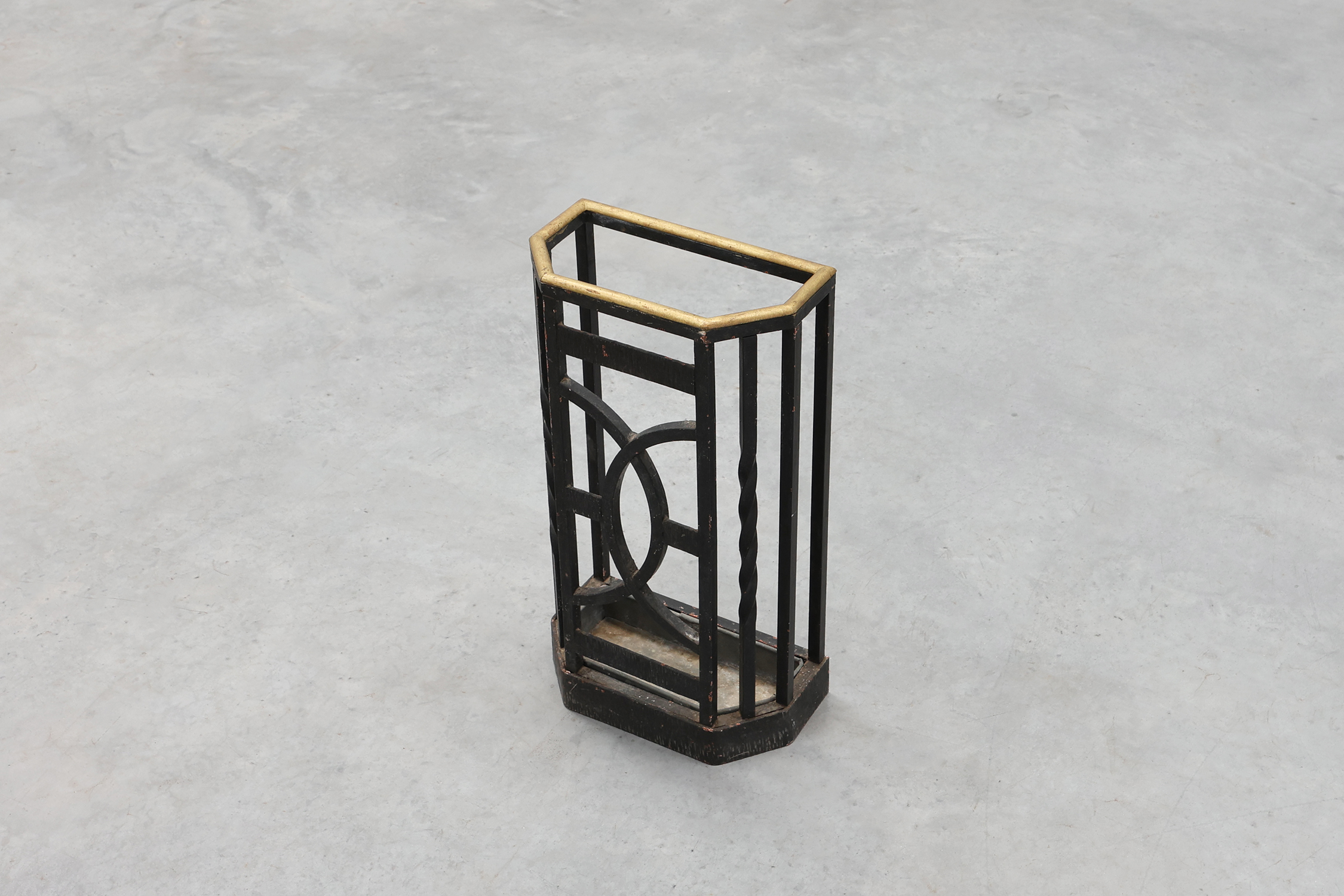 Art Deco metal umbrella stand with geometric openwork and brass rim, Belgium, 1920sthumbnail